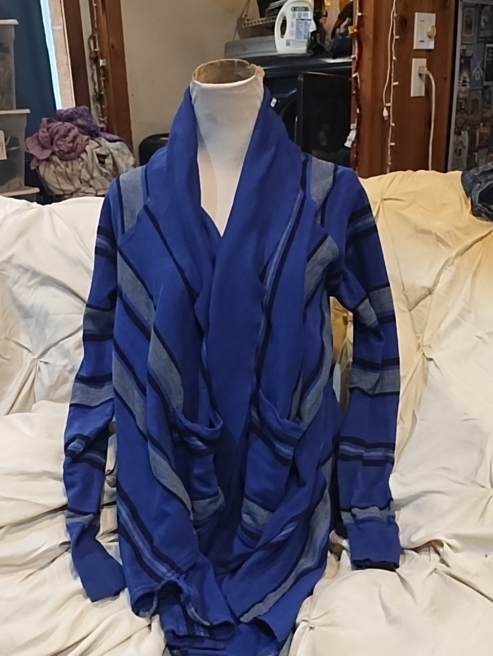 Hard Tail Blue Striped Draped Open-Front Women's Sweater